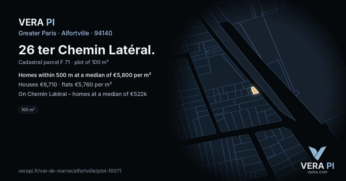 26 ter Chemin Latéral, Alfortville at night – the plot lit, the parcels around coloured by the prices near them