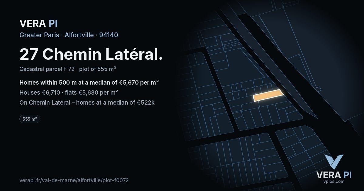 27 Chemin Latéral, Alfortville at night – the plot lit, the parcels around coloured by the prices near them