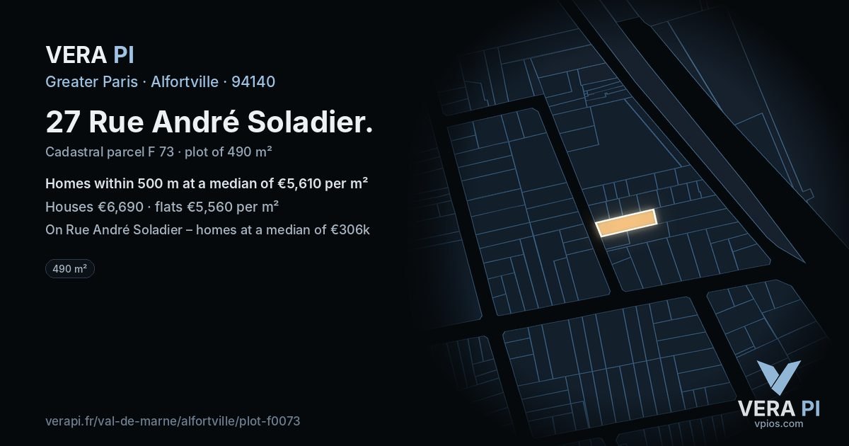 27 Rue André Soladier, Alfortville at night – the plot lit, the parcels around coloured by the prices near them