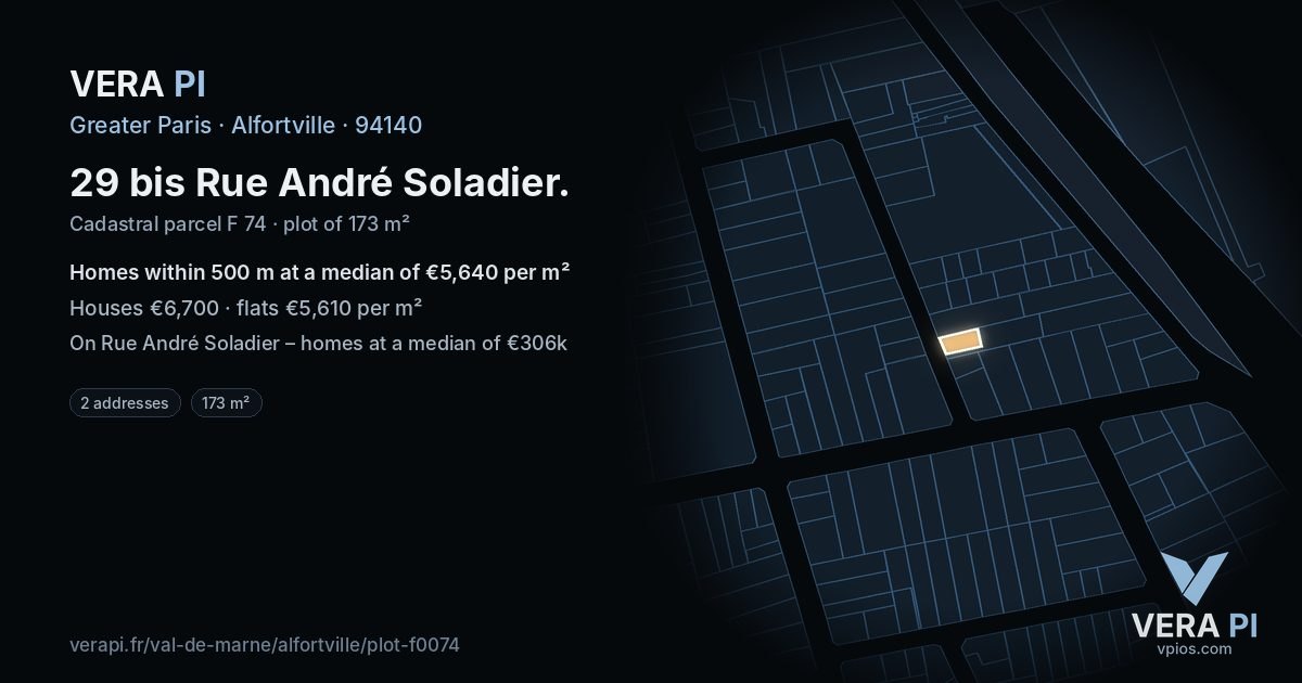 29 bis Rue André Soladier, Alfortville at night – the plot lit, the parcels around coloured by the prices near them