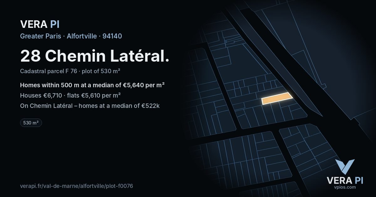 28 Chemin Latéral, Alfortville at night – the plot lit, the parcels around coloured by the prices near them