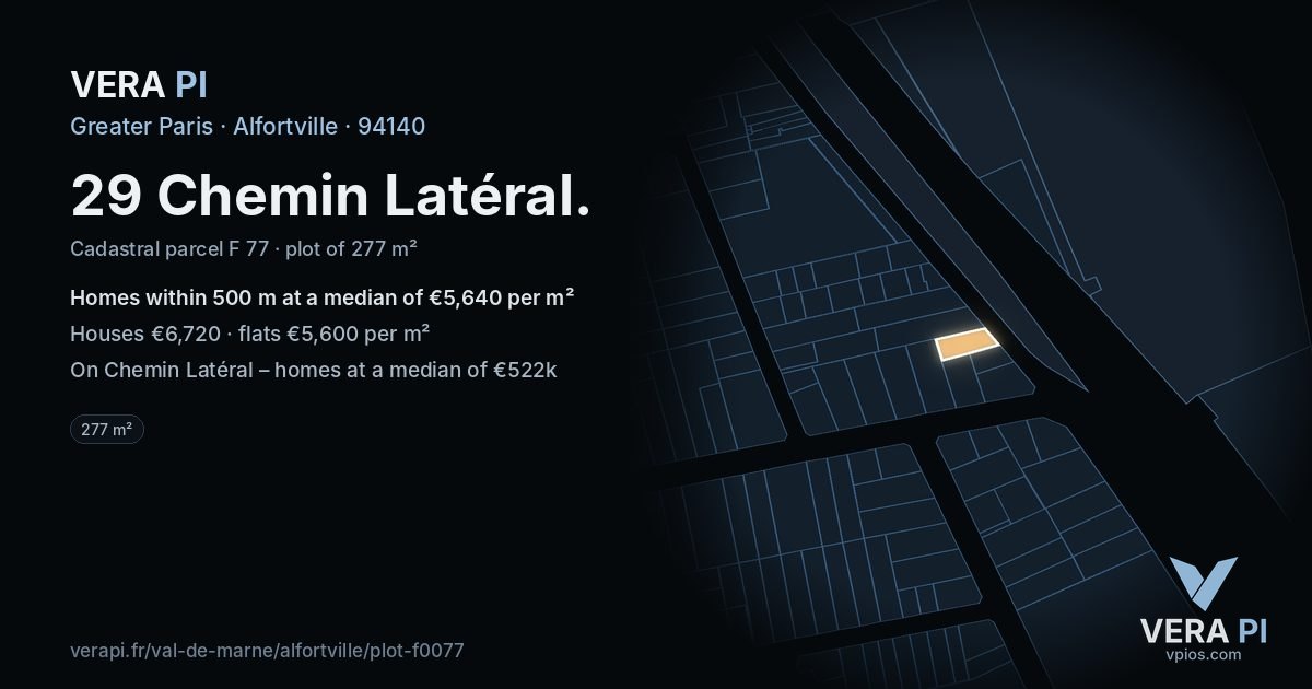 29 Chemin Latéral, Alfortville at night – the plot lit, the parcels around coloured by the prices near them