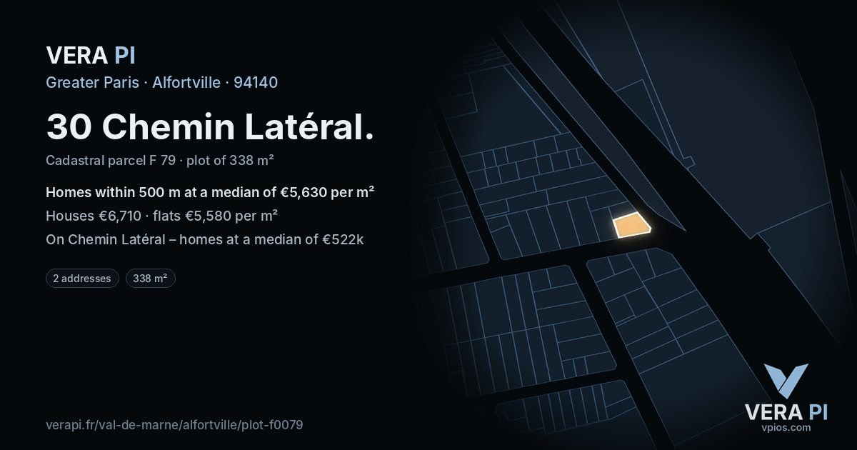 30 Chemin Latéral, Alfortville at night – the plot lit, the parcels around coloured by the prices near them