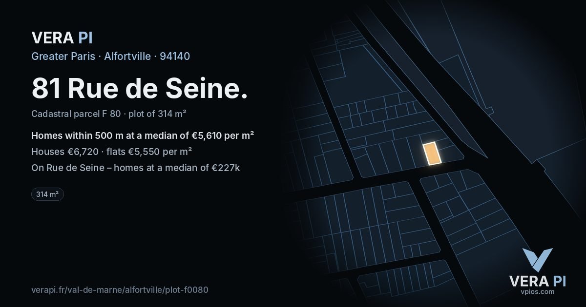81 Rue de Seine, Alfortville at night – the plot lit, the parcels around coloured by the prices near them