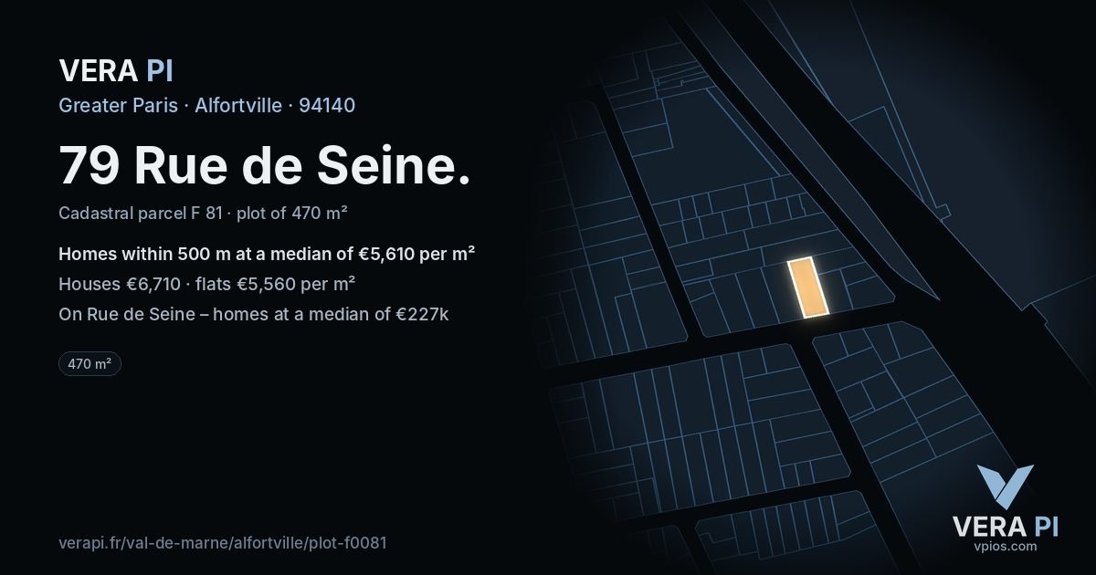 79 Rue de Seine, Alfortville at night – the plot lit, the parcels around coloured by the prices near them