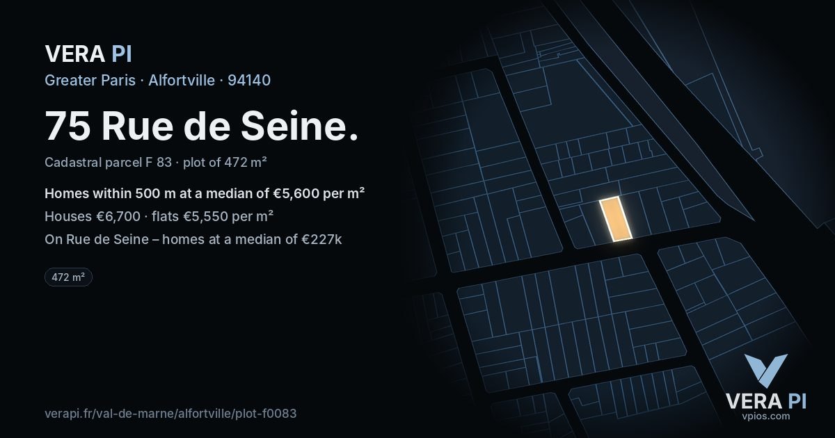 75 Rue de Seine, Alfortville at night – the plot lit, the parcels around coloured by the prices near them