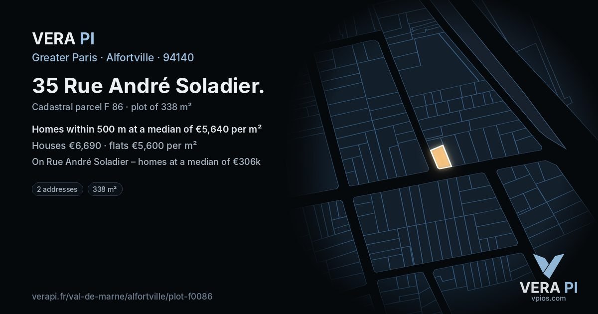 35 Rue André Soladier, Alfortville at night – the plot lit, the parcels around coloured by the prices near them