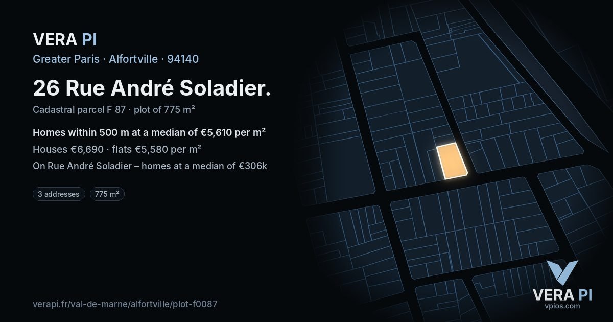 26 Rue André Soladier, Alfortville at night – the plot lit, the parcels around coloured by the prices near them