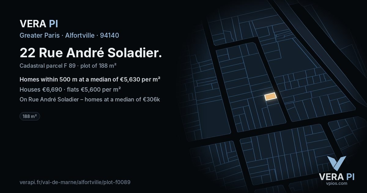 22 Rue André Soladier, Alfortville at night – the plot lit, the parcels around coloured by the prices near them