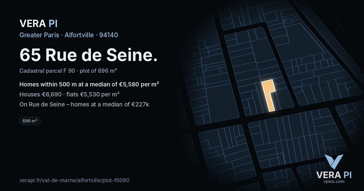 65 Rue de Seine, Alfortville at night – the plot lit, the parcels around coloured by the prices near them