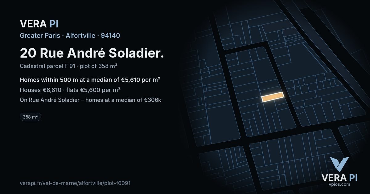 20 Rue André Soladier, Alfortville at night – the plot lit, the parcels around coloured by the prices near them
