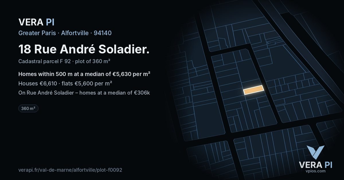 18 Rue André Soladier, Alfortville at night – the plot lit, the parcels around coloured by the prices near them