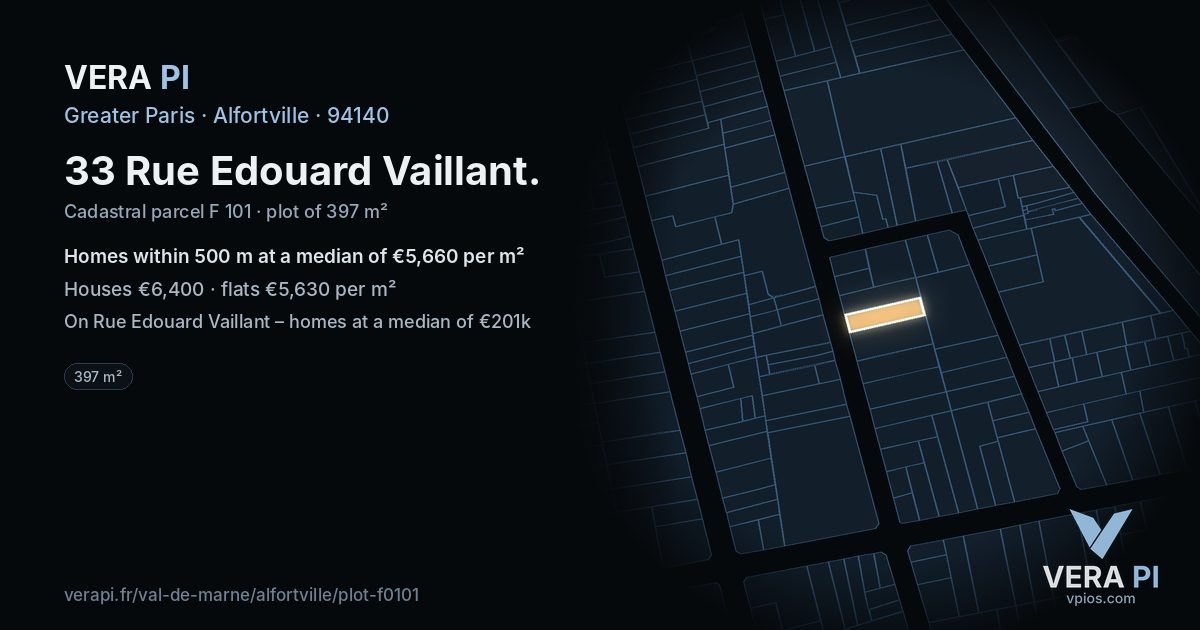 33 Rue Edouard Vaillant, Alfortville at night – the plot lit, the parcels around coloured by the prices near them