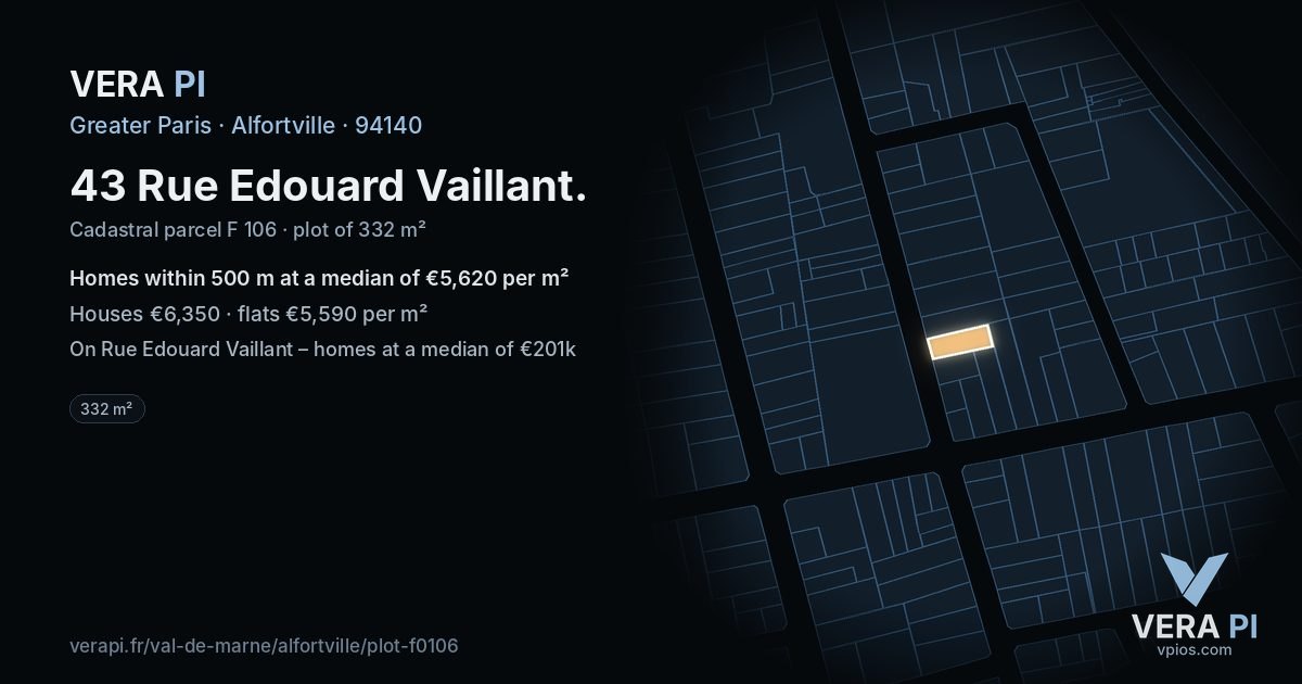 43 Rue Edouard Vaillant, Alfortville at night – the plot lit, the parcels around coloured by the prices near them