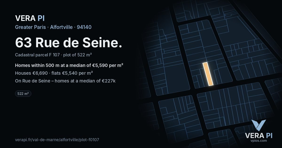 63 Rue de Seine, Alfortville at night – the plot lit, the parcels around coloured by the prices near them