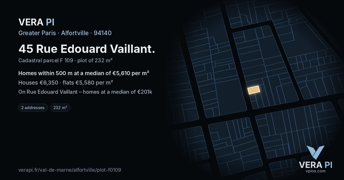 45 Rue Edouard Vaillant, Alfortville at night – the plot lit, the parcels around coloured by the prices near them