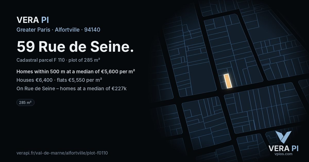 59 Rue de Seine, Alfortville at night – the plot lit, the parcels around coloured by the prices near them