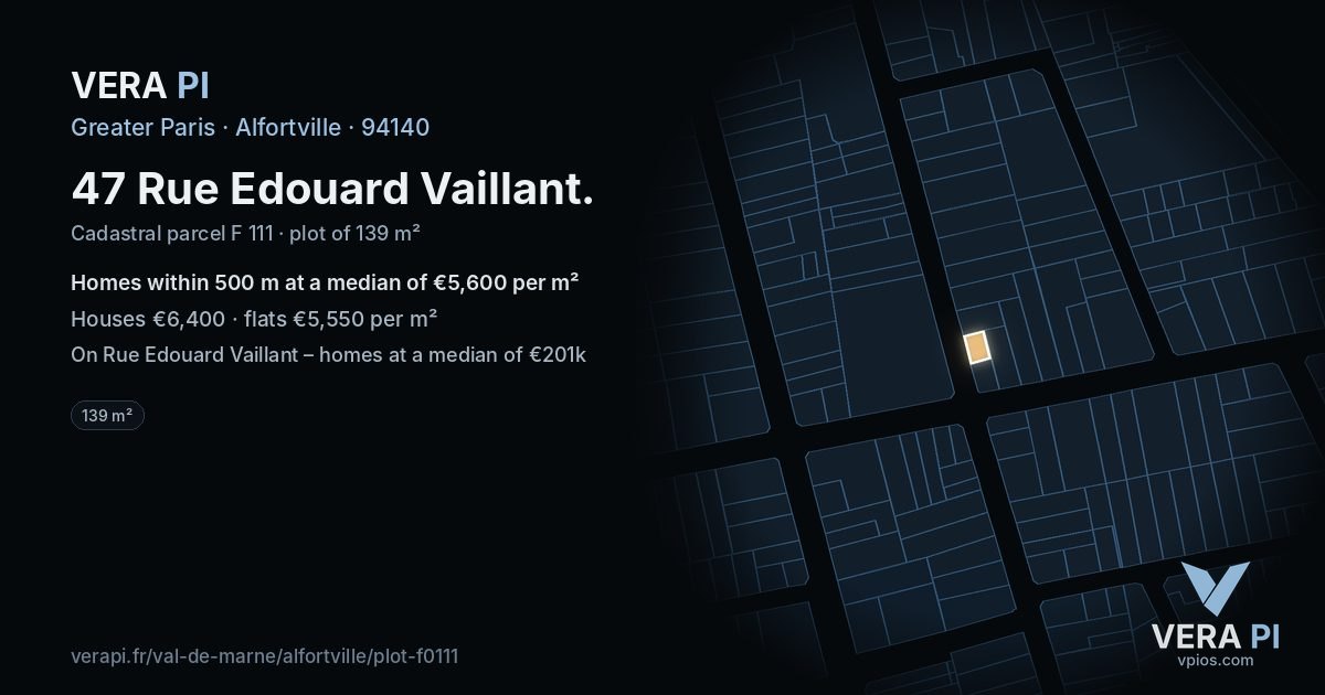 47 Rue Edouard Vaillant, Alfortville at night – the plot lit, the parcels around coloured by the prices near them
