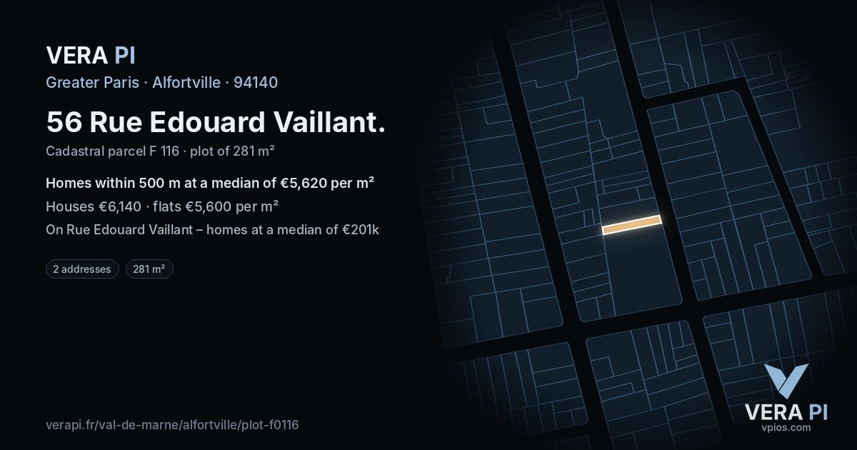 56 Rue Edouard Vaillant, Alfortville at night – the plot lit, the parcels around coloured by the prices near them