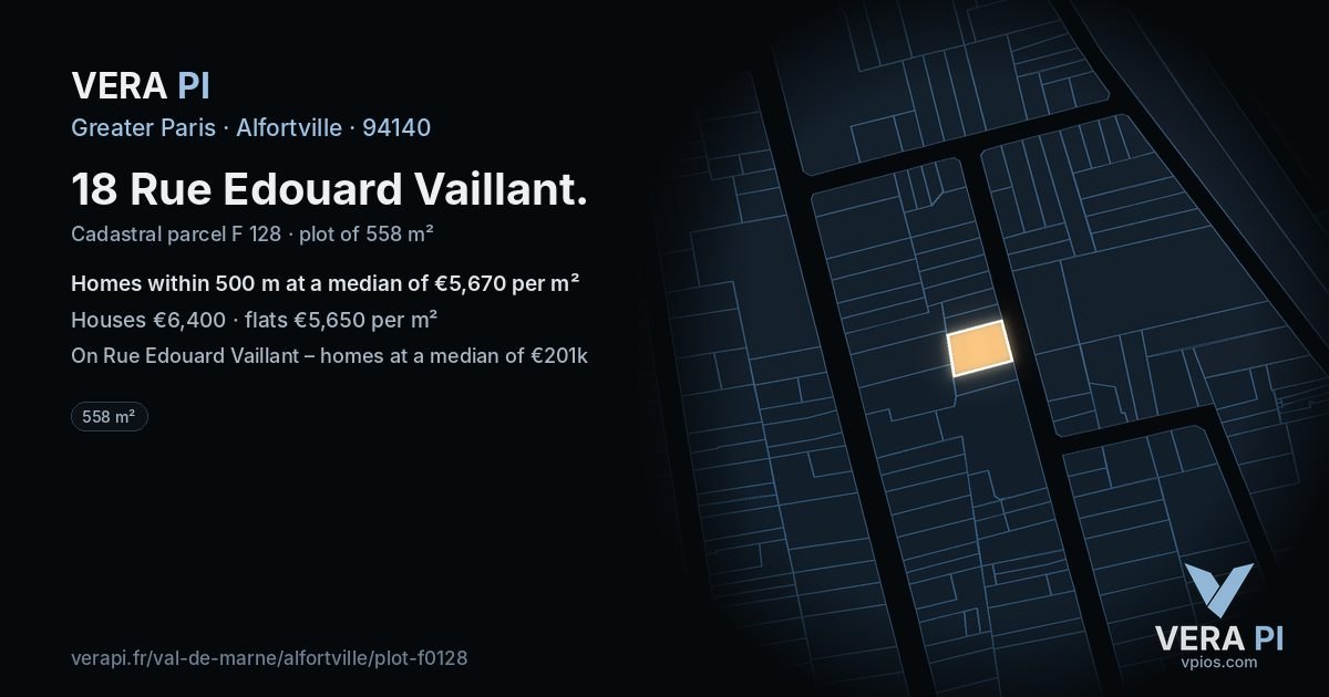 18 Rue Edouard Vaillant, Alfortville at night – the plot lit, the parcels around coloured by the prices near them
