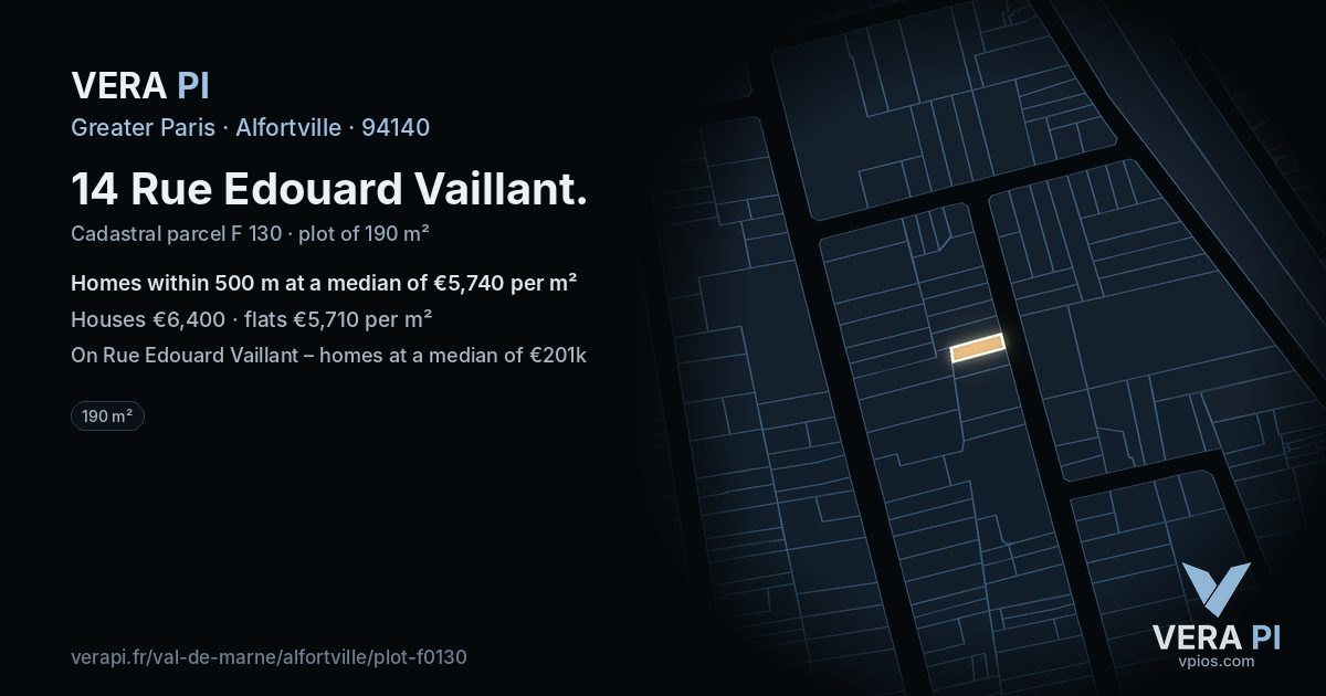 14 Rue Edouard Vaillant, Alfortville at night – the plot lit, the parcels around coloured by the prices near them