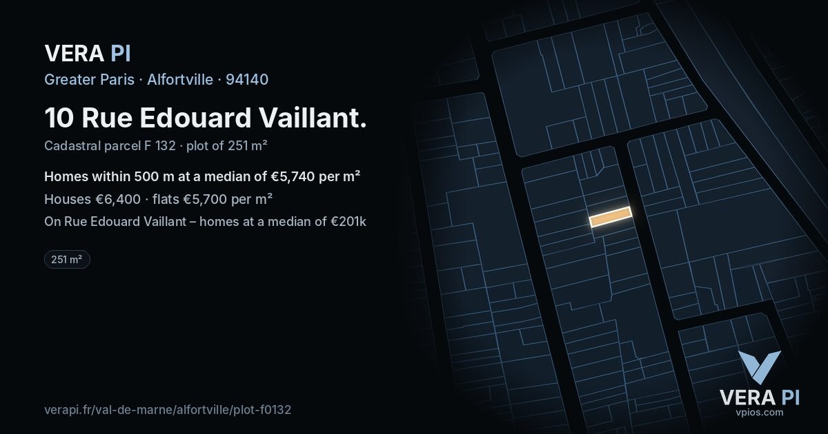 10 Rue Edouard Vaillant, Alfortville at night – the plot lit, the parcels around coloured by the prices near them