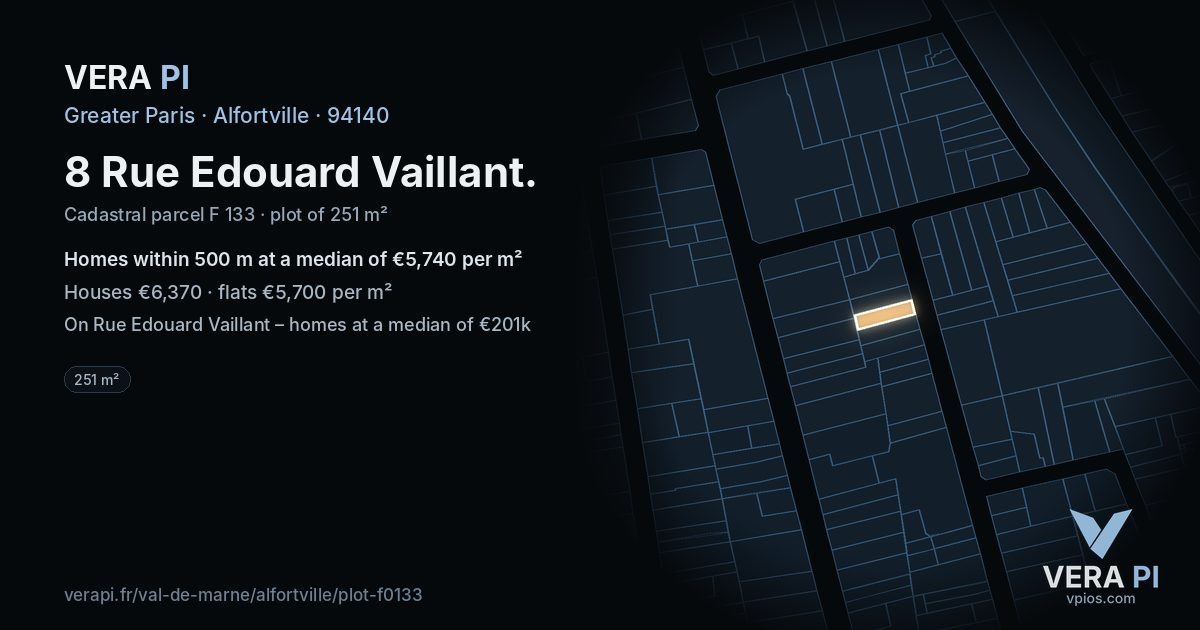 8 Rue Edouard Vaillant, Alfortville at night – the plot lit, the parcels around coloured by the prices near them