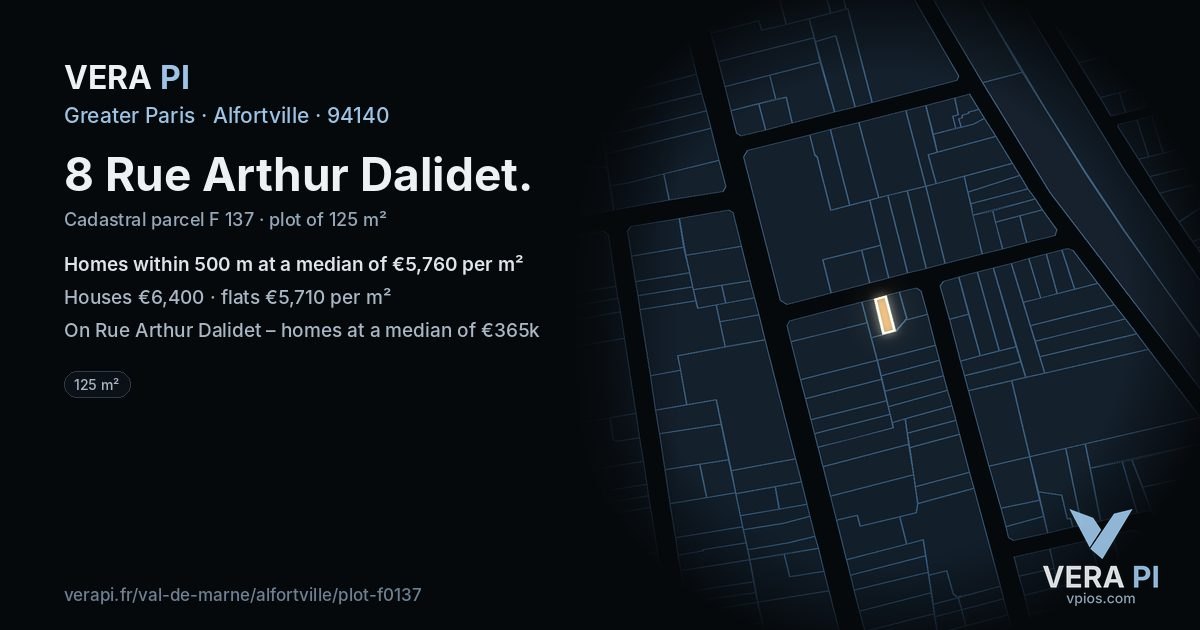 8 Rue Arthur Dalidet, Alfortville at night – the plot lit, the parcels around coloured by the prices near them