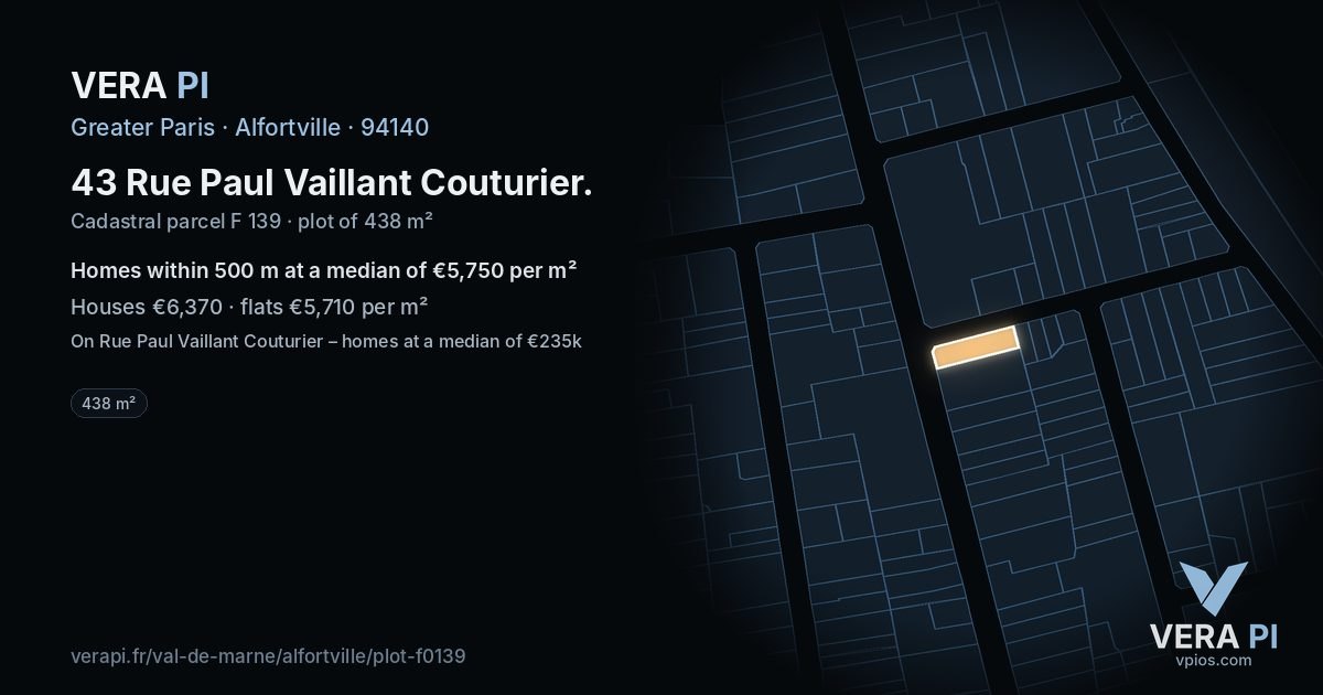 43 Rue Paul Vaillant Couturier, Alfortville at night – the plot lit, the parcels around coloured by the prices near them