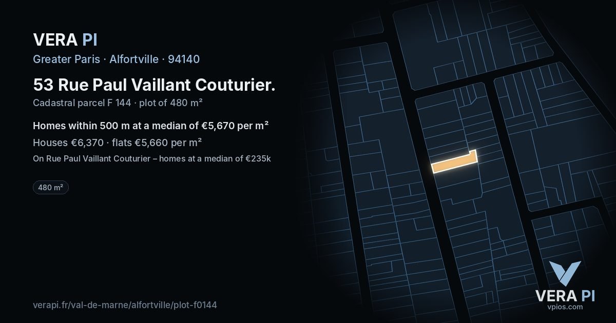 53 Rue Paul Vaillant Couturier, Alfortville at night – the plot lit, the parcels around coloured by the prices near them