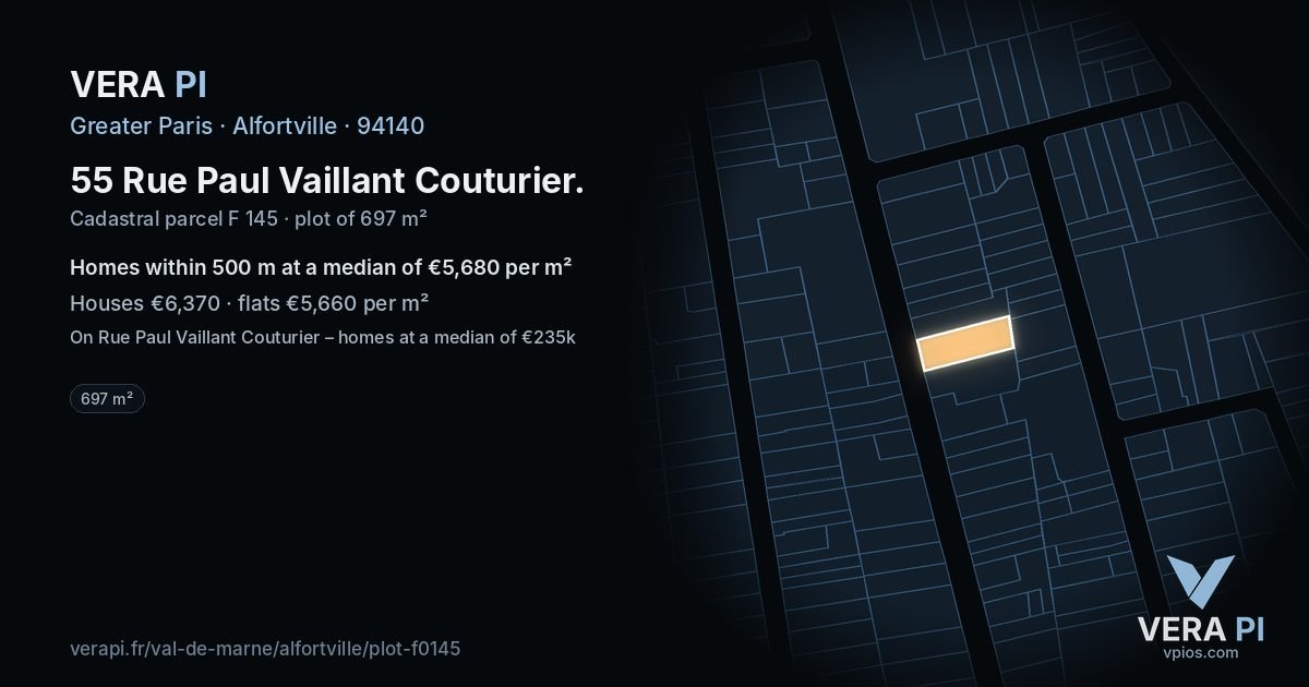 55 Rue Paul Vaillant Couturier, Alfortville at night – the plot lit, the parcels around coloured by the prices near them