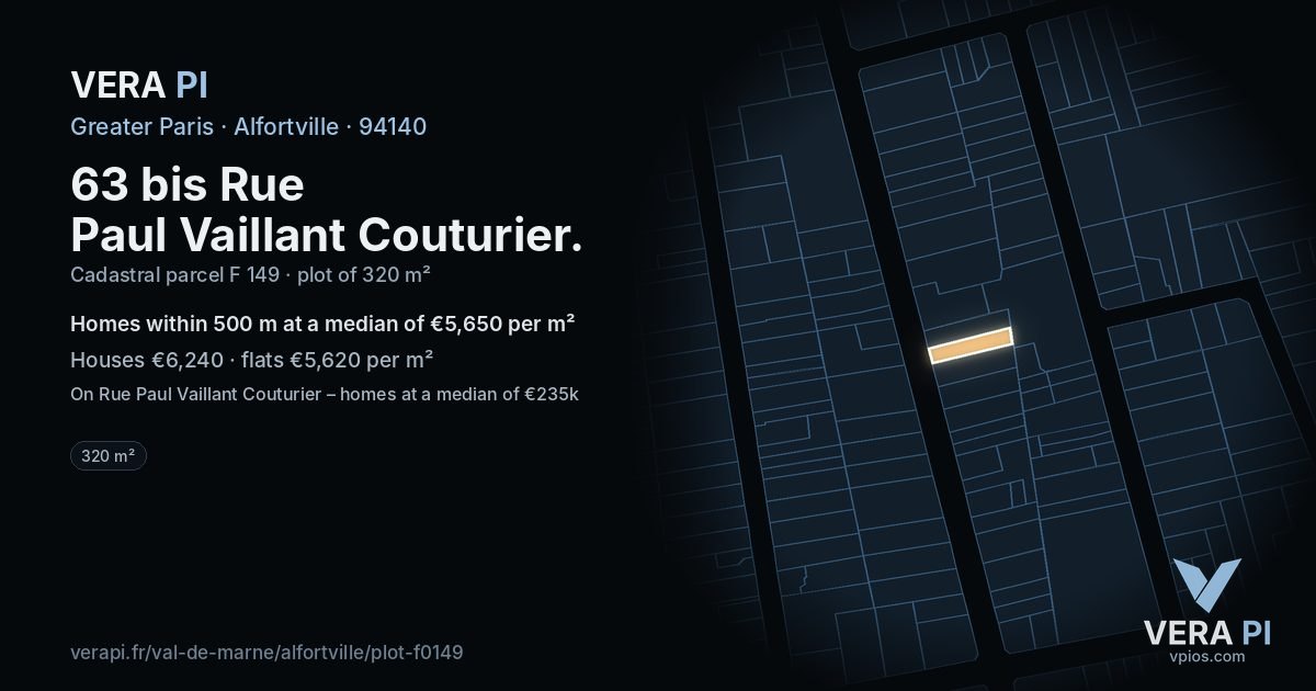 63 bis Rue Paul Vaillant Couturier, Alfortville at night – the plot lit, the parcels around coloured by the prices near them