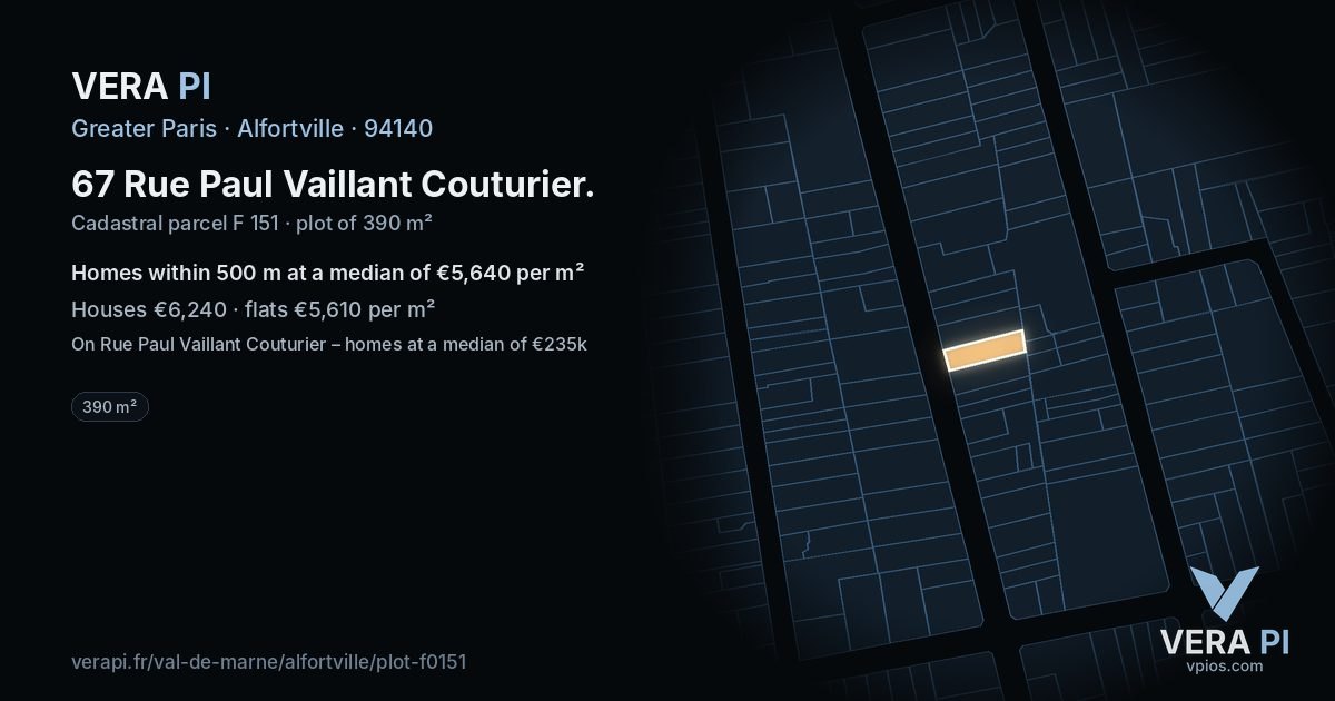 67 Rue Paul Vaillant Couturier, Alfortville at night – the plot lit, the parcels around coloured by the prices near them