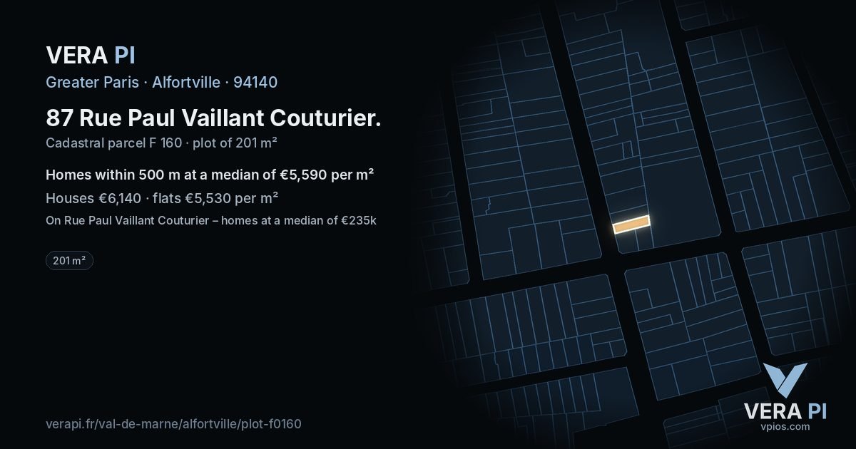 87 Rue Paul Vaillant Couturier, Alfortville at night – the plot lit, the parcels around coloured by the prices near them