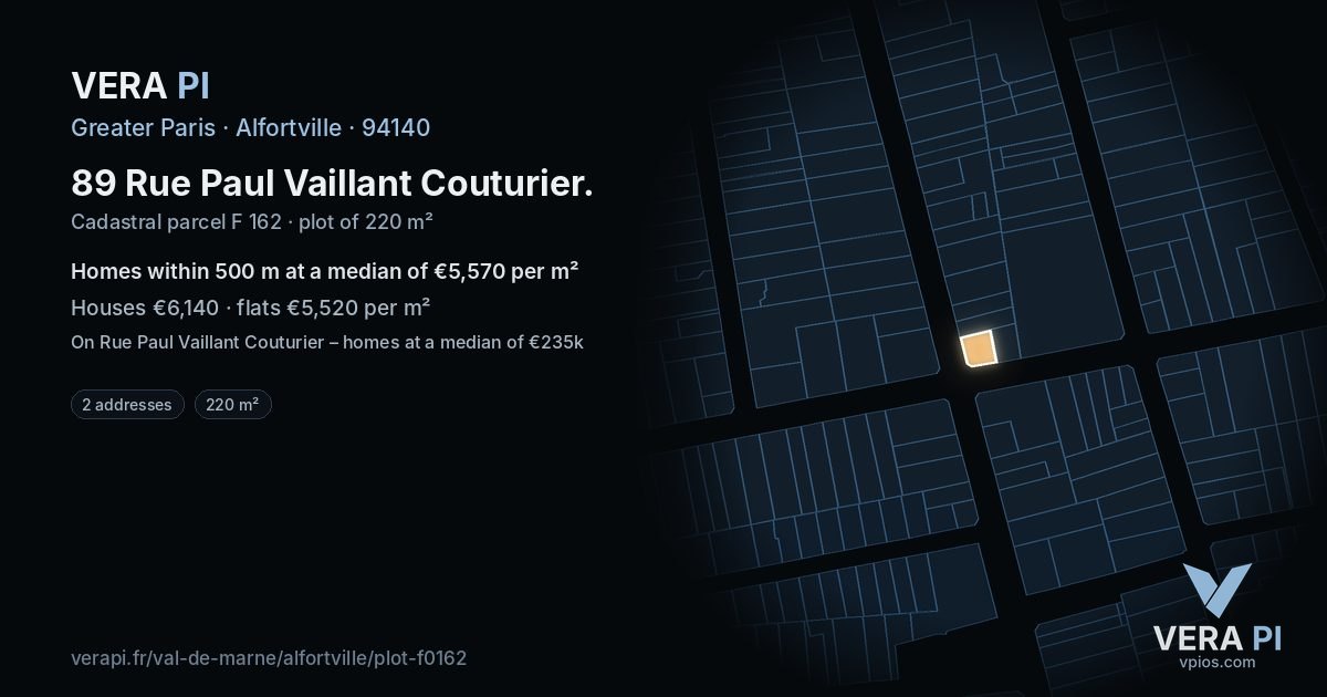 89 Rue Paul Vaillant Couturier, Alfortville at night – the plot lit, the parcels around coloured by the prices near them