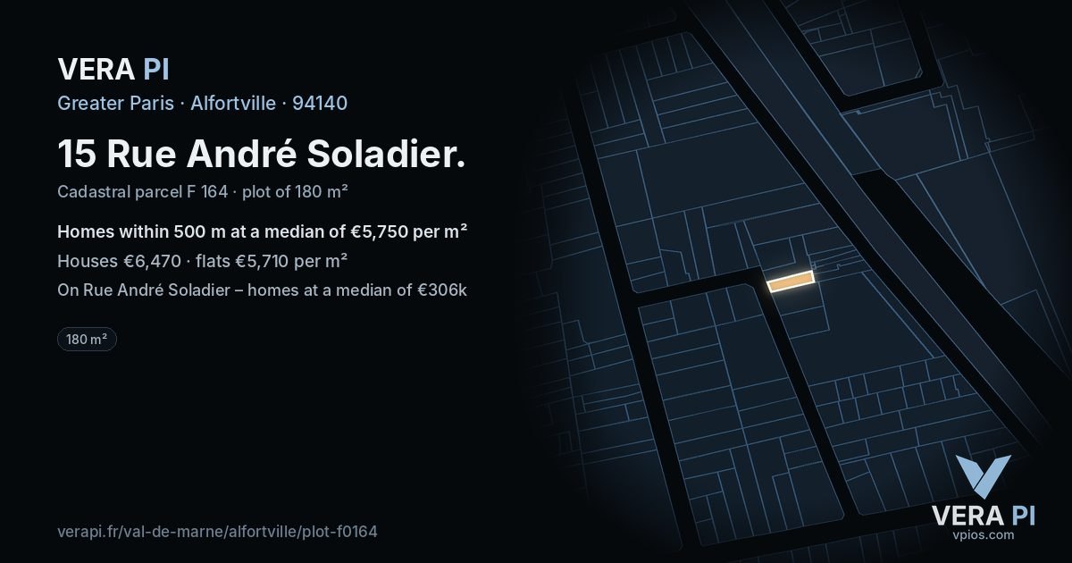 15 Rue André Soladier, Alfortville at night – the plot lit, the parcels around coloured by the prices near them