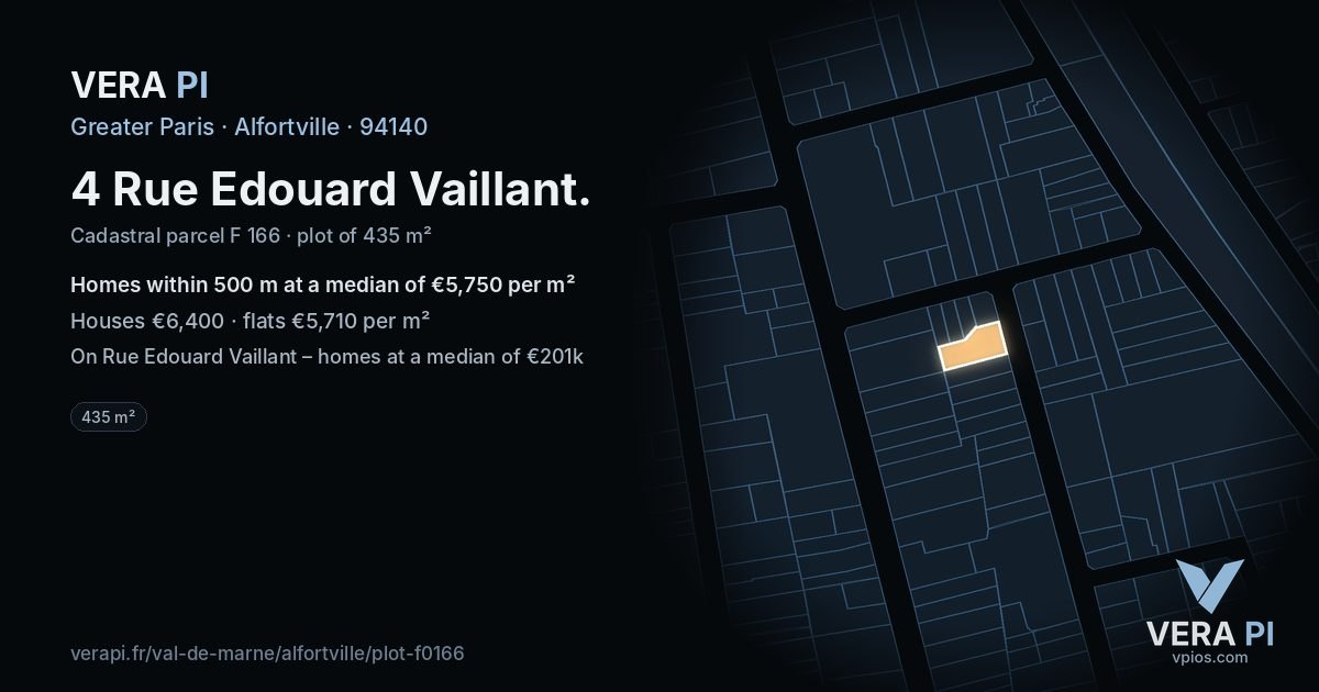 4 Rue Edouard Vaillant, Alfortville at night – the plot lit, the parcels around coloured by the prices near them