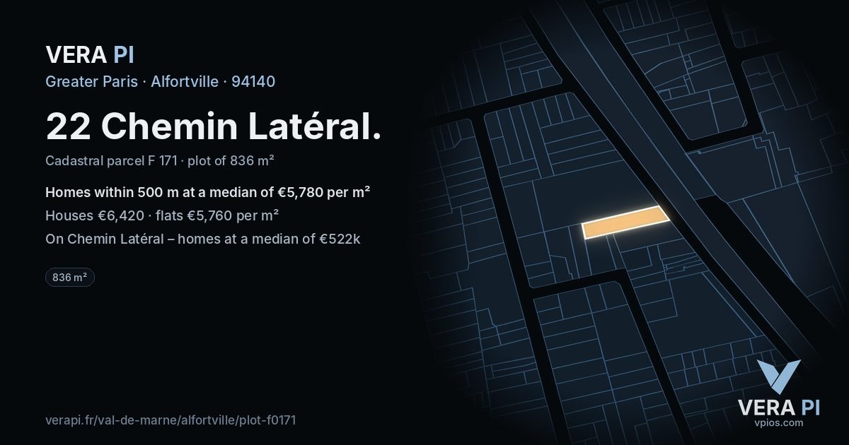 22 Chemin Latéral, Alfortville at night – the plot lit, the parcels around coloured by the prices near them