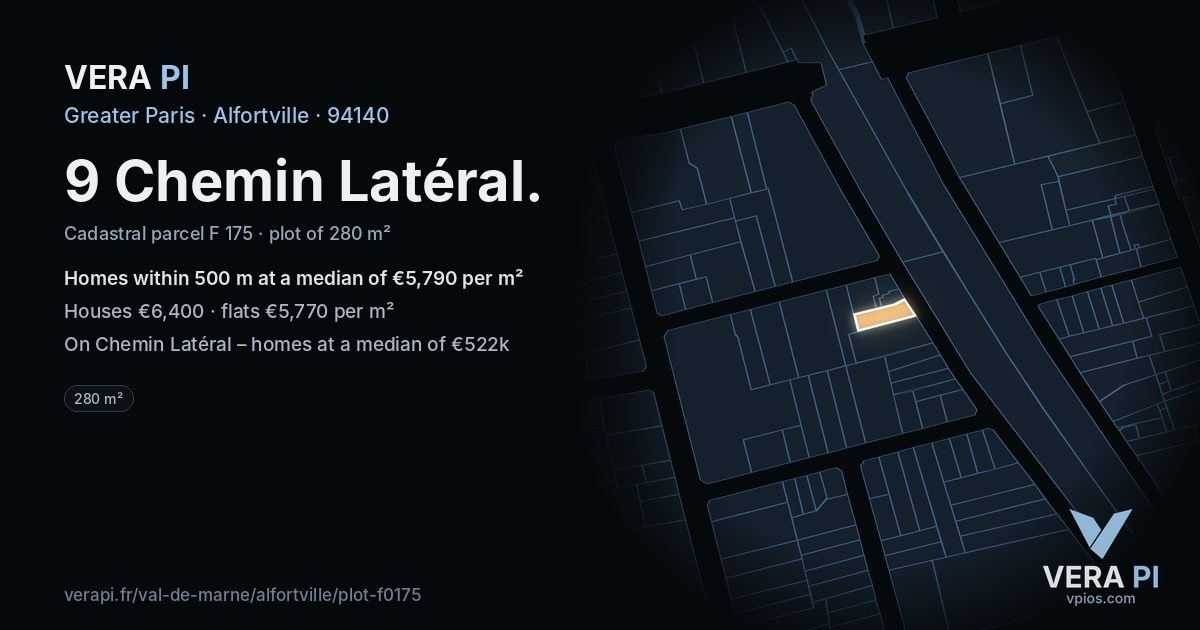 9 Chemin Latéral, Alfortville at night – the plot lit, the parcels around coloured by the prices near them