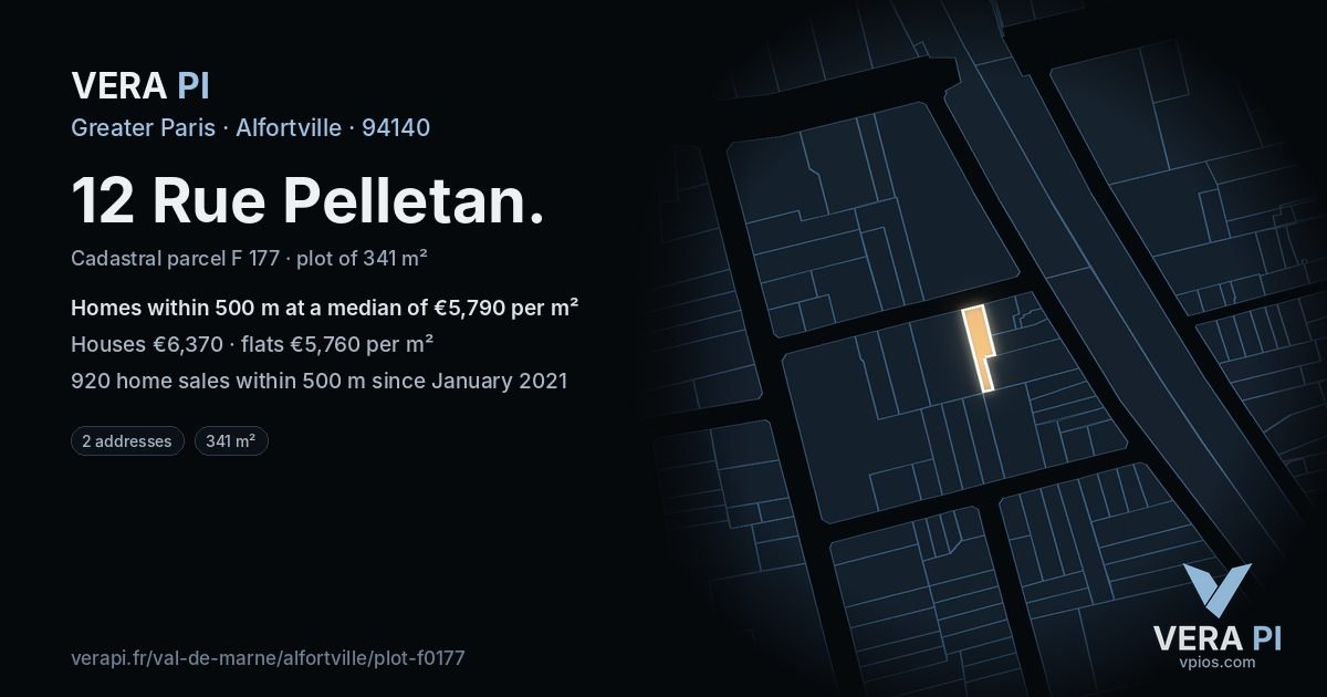 12 Rue Pelletan, Alfortville at night – the plot lit, the parcels around coloured by the prices near them