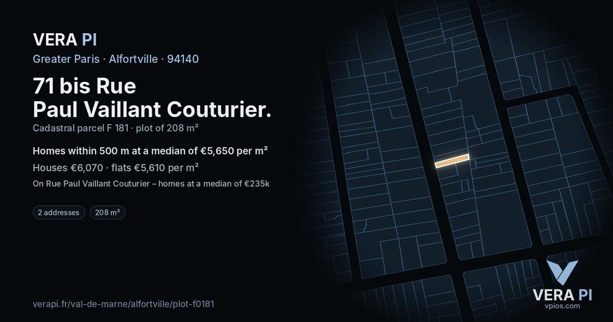71 bis Rue Paul Vaillant Couturier, Alfortville at night – the plot lit, the parcels around coloured by the prices near them