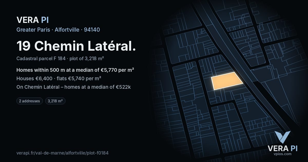 19 Chemin Latéral, Alfortville at night – the plot lit, the parcels around coloured by the prices near them