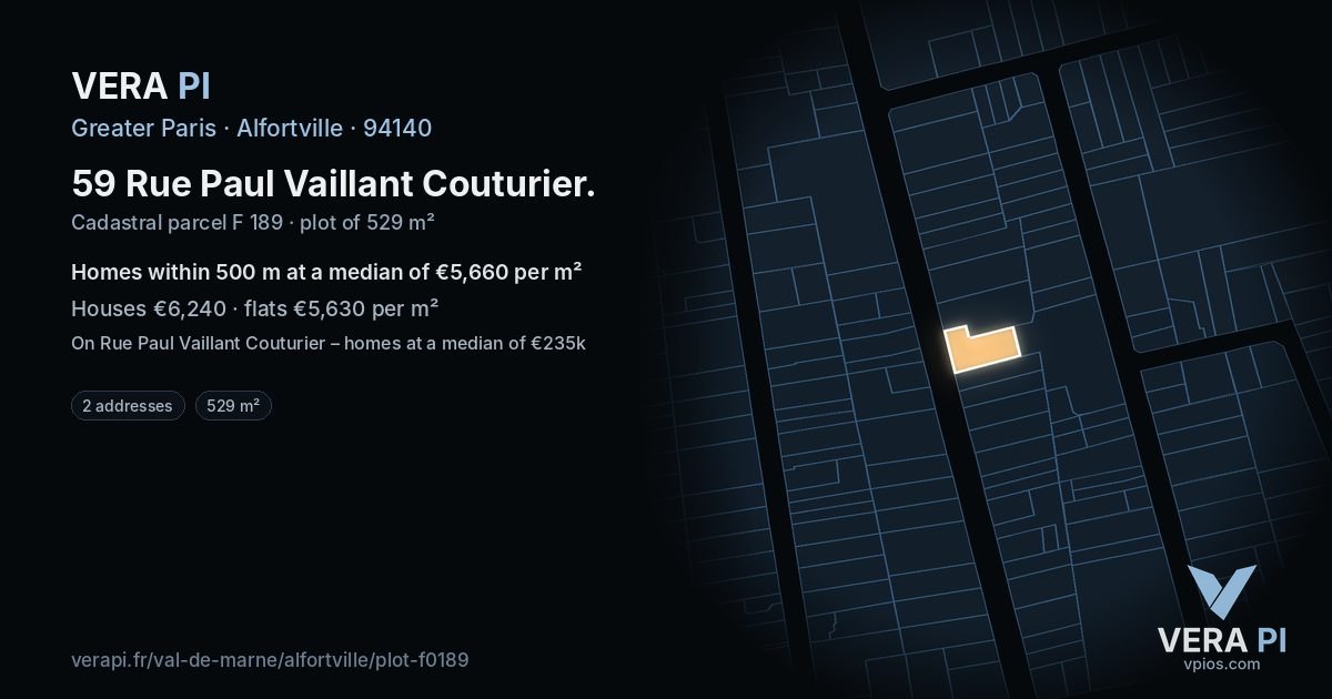 59 Rue Paul Vaillant Couturier, Alfortville at night – the plot lit, the parcels around coloured by the prices near them
