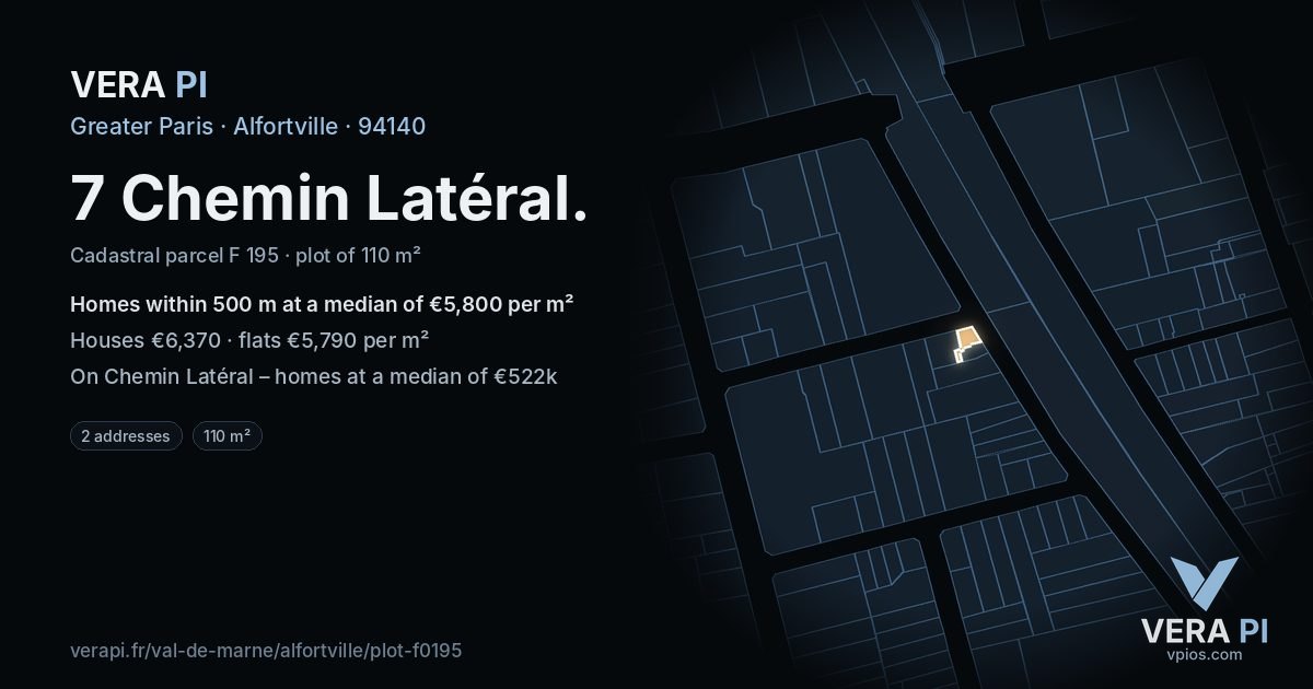 7 Chemin Latéral, Alfortville at night – the plot lit, the parcels around coloured by the prices near them