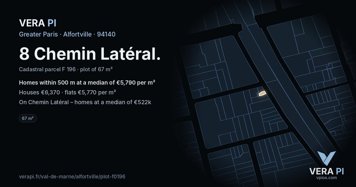 8 Chemin Latéral, Alfortville at night – the plot lit, the parcels around coloured by the prices near them
