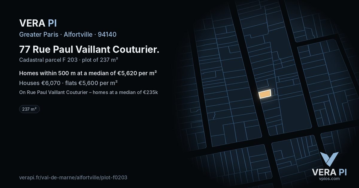 77 Rue Paul Vaillant Couturier, Alfortville at night – the plot lit, the parcels around coloured by the prices near them