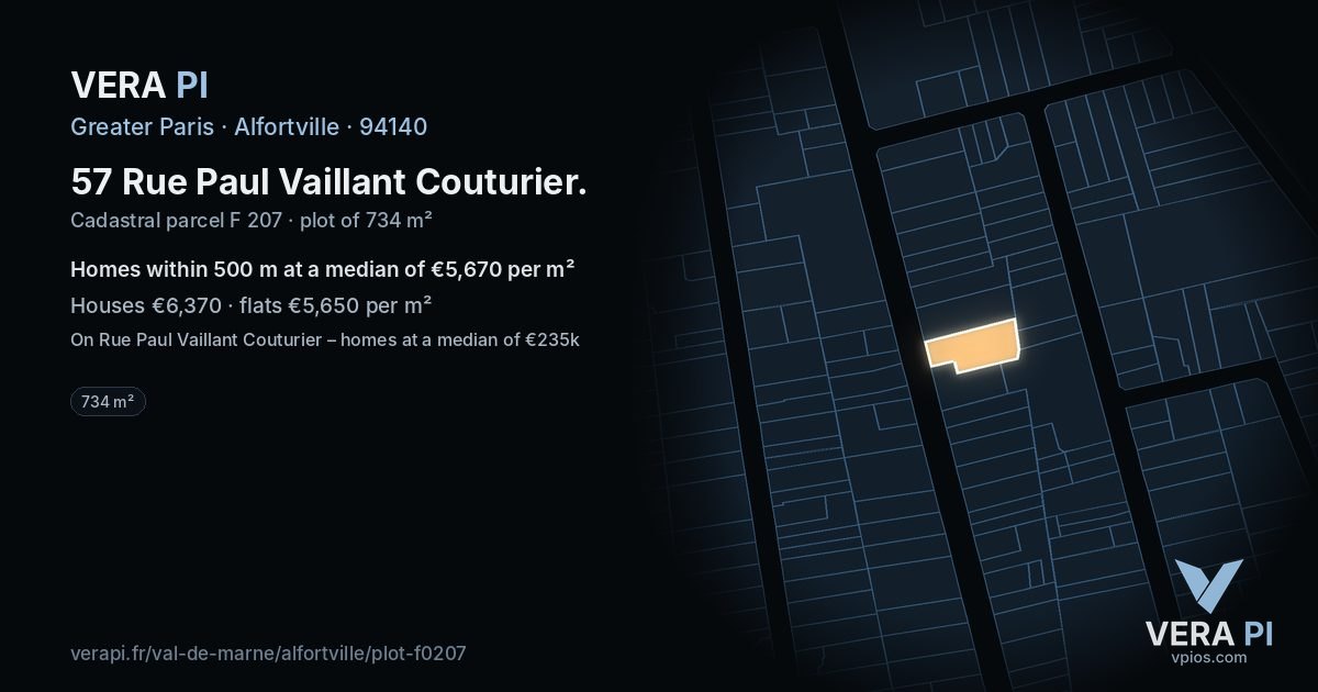 57 Rue Paul Vaillant Couturier, Alfortville at night – the plot lit, the parcels around coloured by the prices near them
