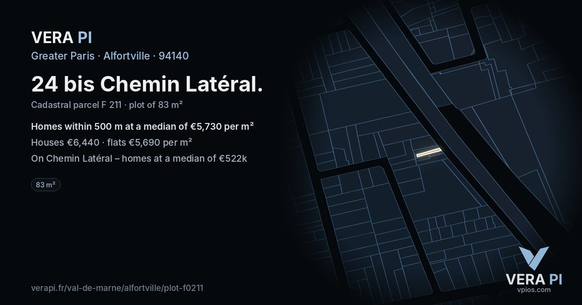 24 bis Chemin Latéral, Alfortville at night – the plot lit, the parcels around coloured by the prices near them