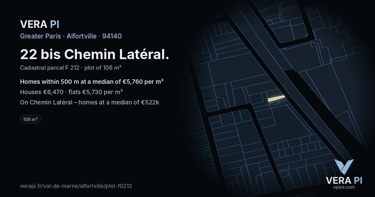 22 bis Chemin Latéral, Alfortville at night – the plot lit, the parcels around coloured by the prices near them