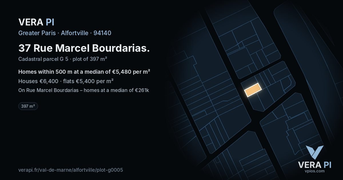 37 Rue Marcel Bourdarias, Alfortville at night – the plot lit, the parcels around coloured by the prices near them